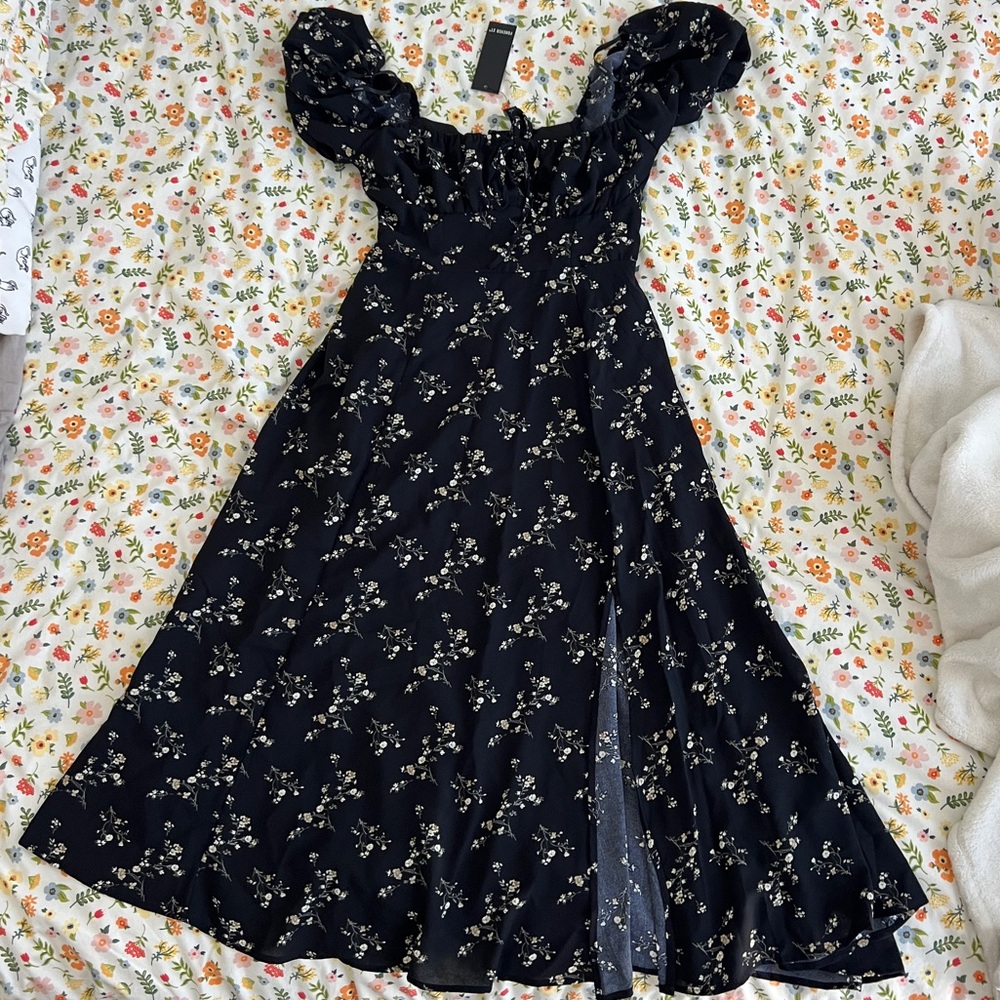Black Floral Milkmaid Midi Dress